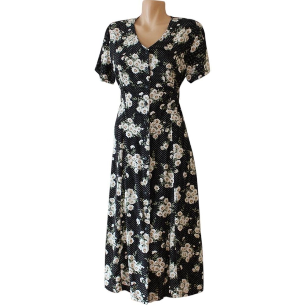 Vintage Black Maxi Dress with White Floral Print and Green Leaves - Picture 7 of 8